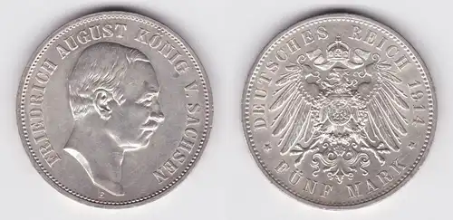 5 Mark Silbermünze Sachsen König Friedrich August 1914 Jäger 136 vz/Stgl(162470)