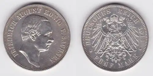 5 Mark Silbermünze Sachsen König Friedrich August 1914 Jäger 136 vz+ (162630)