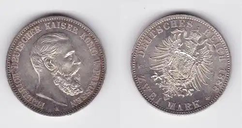 2 Mark Silber Münze Preussen Kaiser Friedrich 1888 Stgl. (162100)