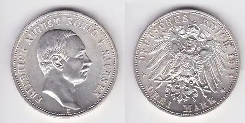 3 Mark Silber Münze Sachsen König Friedrich August 1911 E vz/Stgl. (162070)