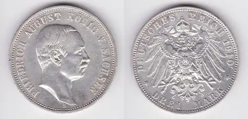 3 Mark Silber Münze Sachsen König Friedrich August 1910 E ss+ (162043)