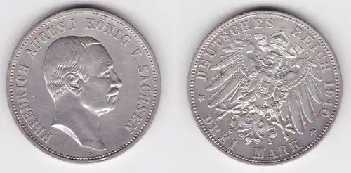 3 Mark Silber Münze Sachsen König Friedrich August 1910 E ss+ (162097)