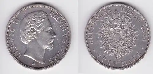 5 Mark Silbermünze Bayern König Ludwig II 1874 D Jäger 42 ss+  (162634)