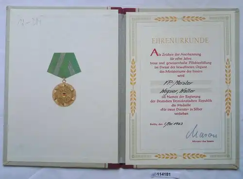 DDR Urkunde Medaille für treue Dienste Ministerium des Innern in Silber (114181)