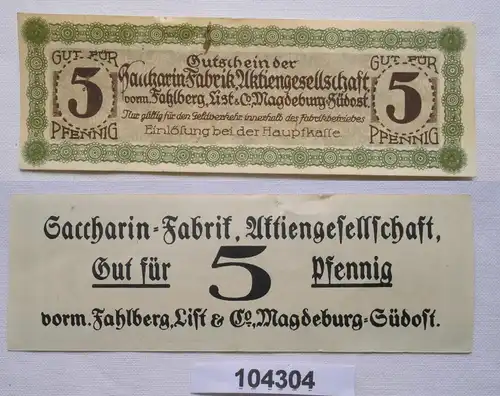 5 Pfennig Banknote Notgeld Sacharin Fabrik Magdeburg vorm.Fahlberg List (104304)