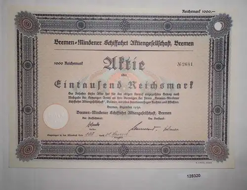 1000 RM Aktie Bremen-Mindener Schiffahrt AG Dezember 1939 (128320)
