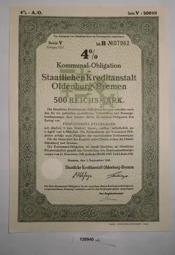 500 RM Obligation Staatliche Kreditanstalt Oldenburg-Bremen 1.Sep. 1941 (128940)