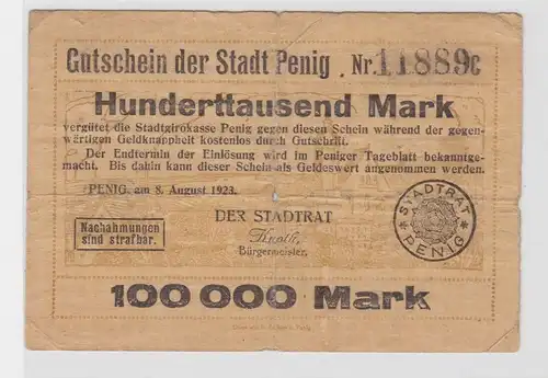 seltene Banknote Inflation 100000 Mark Stadt Penig 8.8.1923 (137581)