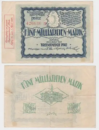 5 Milliarden Mark Banknote Notgeld Kreisgemeinde Pfalz Speyer 1.10.1923 (140227)