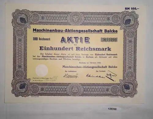 100 Reichsmark Aktie Maschinenbau AG Balcke Bochum Oktober 1933 (128398)