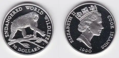 50 Dollar Silber Münze Cook Inseln 1990 bedrohte Tierwelt Schimpanse (152512)