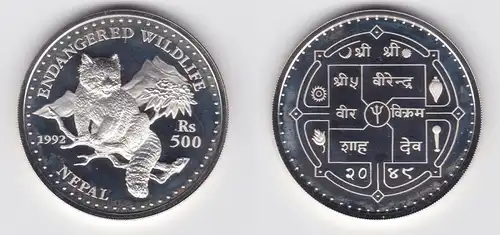 500 Rupien Silber Münze Nepal bedrohte Tierwelt kleiner Panda 1992 (154178)