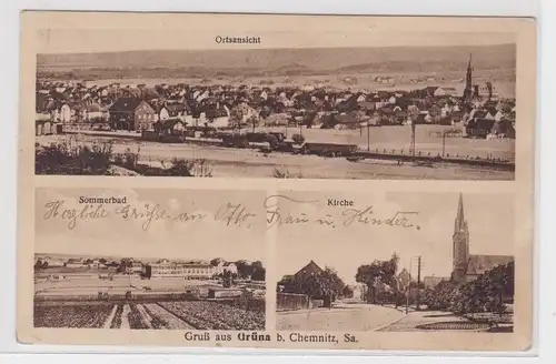 54785 AK Gruß aus Grüna bei Chemnitz - Kirche, Sommerbad, Ortsansicht 1928