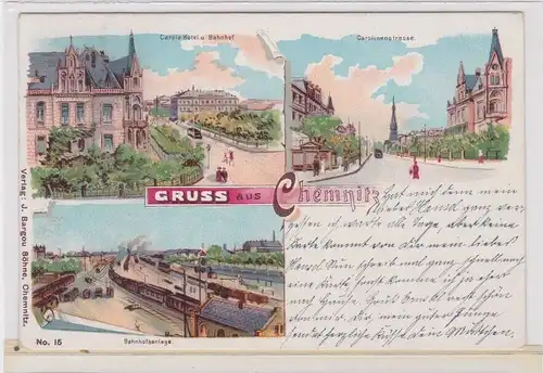 900544 AK Gruss aus Chemnitz - Carola-Hotel, Bahnhof, Carolinenstrasse 1903