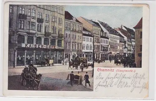 19190 Ak Chemnitz - Hauptmarkt, Straßenansicht mit Kaiser-Cafe und Kutsche 1905