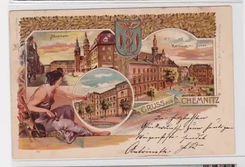 904533 Lithografie Ak Gruss aus Chemnitz - Hauptmarkt, Rathaus mit Börse 1902