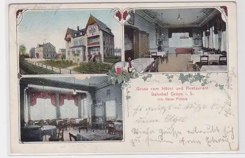 905557 Ak Gruß vom Hotel und Restaurant Bahnhof Grüna in Sachsen 1907
