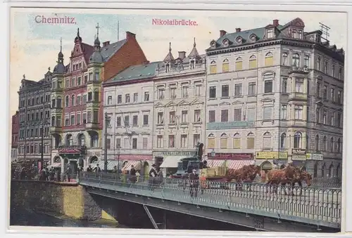 905162 Ak Chemnitz Nicolaibrücke mit Geschäften 1918