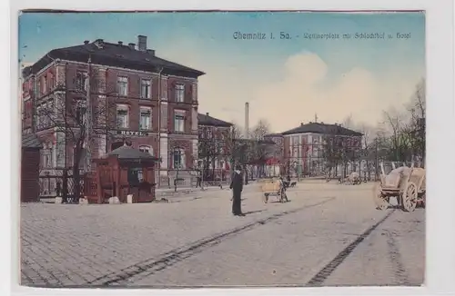 905081 Ak Chemnitz in Sa. Wetteinerplatz mit Schlachthof und Hotel 1911