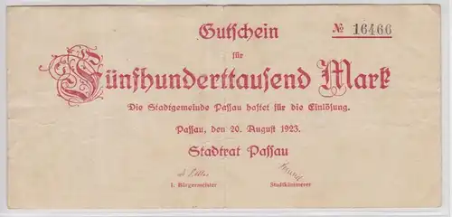 500000 Mark Banknote Inflation Stadt Passau 20.08.1923 (154637)
