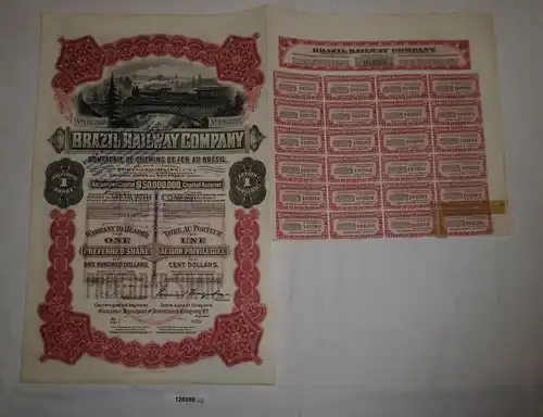 1 Aktie à 100 Dollar Brazil Railway Company Portland London Paris 1912 (126988)