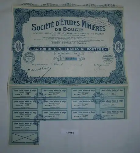 10 Francs Aktie Société d'Etudes Minières de Bougie Paris 29. Nov 1923 (127483)