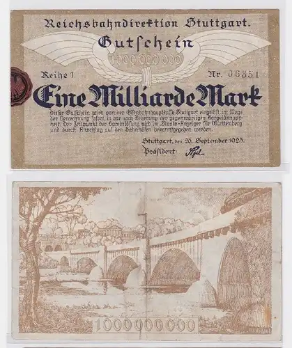 1 Million Mark Banknote Reichsbahndirektion Stuttgart 26.09.1923 (117306)