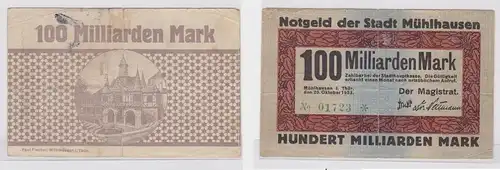 100 Mrd. Mark Banknote Inflation Stadt Mühlhausen 20.10. 1923 (150988)