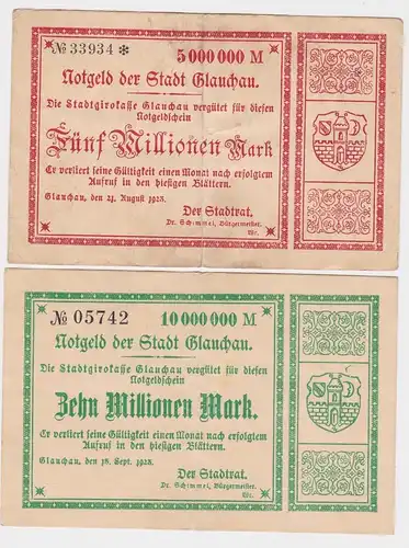5 und 10 Millionen Mark Banknote Inflation Stadt Glauchau 1923 (158546)