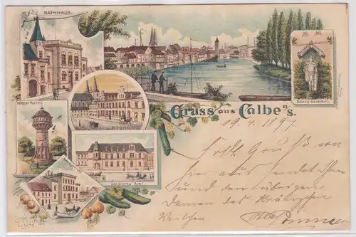91381 Ak Lithographie Gruss aus Calbe an der Saale Post usw. 1897