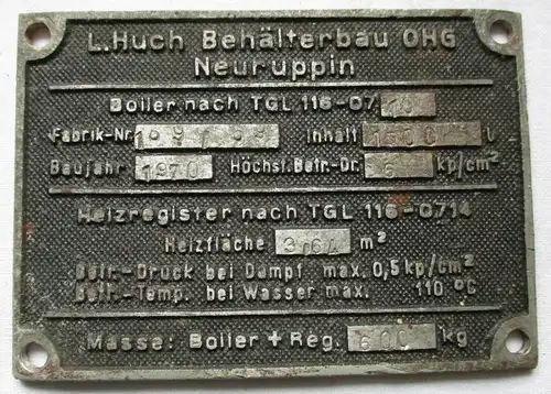 Typen Reklame Metall Plakette Behälterbau OHG Neuruppin 1970 (117936)