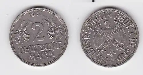 2 Mark Nickel Münze BRD Trauben und Ähren 1951 F (130556)