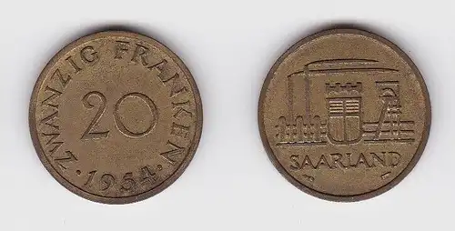 20 Franken Messing Münze Saarland 1954 vz (130548)
