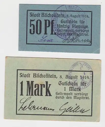 50 Pfennig & 1 Mark Notgeld Bischofstein 1914 Bisztynek Ostpreußen (132649)