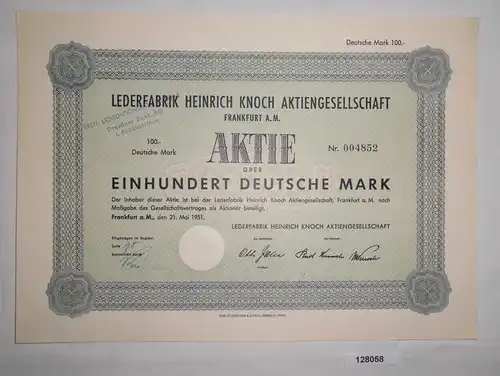 100 Mark Aktie Lederfabrik Heinrich Knoch AG Frankfurt 21. Mai 1951 (128058)