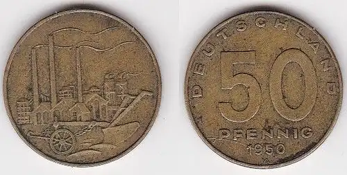 50 Pfennig Messing Münze DDR 1950 Pflug vor Industrielandschaft (122676)