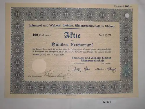 100 RM Aktie Spinnerei & Weberei Steinen AG 17. August 1932 (127574)