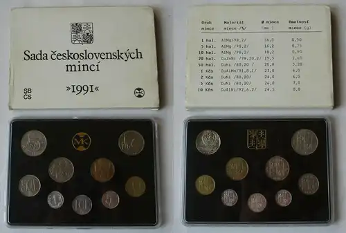 Tschechoslowakei KMS Kursmünzensatz 1 Heller bis 5 Kronen 1991 (112213)