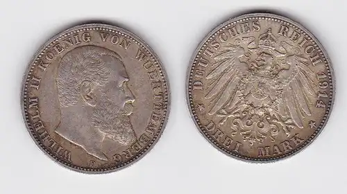 3 Mark Silber Münze Wilhelm II König von Württemberg 1914 (150463)