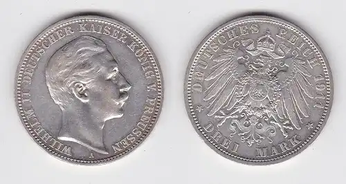 3 Mark Silbermünze Preussen Kaiser Wilhelm II 1911 A Jäger 103 ss+ (150106)