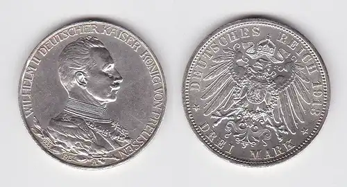 3 Mark Silbermünze Preussen Kaiser Wilhelm II in Uniform 1913 Jäger 112 (150450)