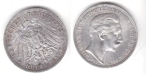 3 Mark Silbermünze Preussen Kaiser Wilhelm II 1912 Jäger 103  (111144)