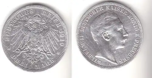 3 Mark Silbermünze Preussen Kaiser Wilhelm II 1910 Jäger 103  (111522)