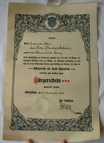 Bürgerschein Bürgerrecht der Stadt Olbernhau 20.September 1903  (110385)