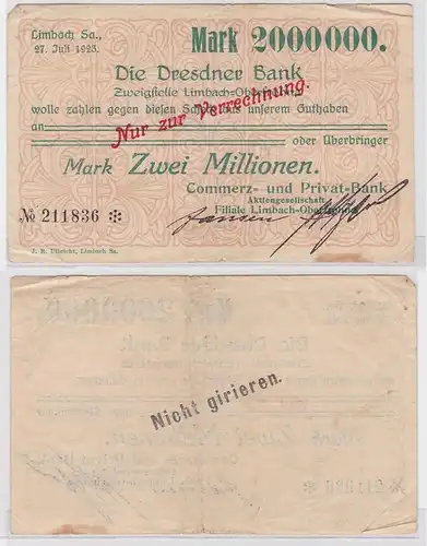 2 Millionen Mark Banknote Dresdner Bank Limbach 27.7.1923 (121626)