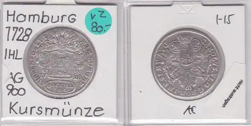 8 Schilling Silber Münze Hamburg 1728 IHL (121195)