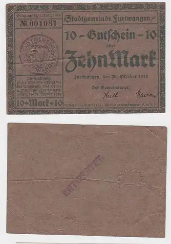 10 Mark Banknoten Notgeld Stadtgemeinde Furtwangen 30.10.1918 (120647)