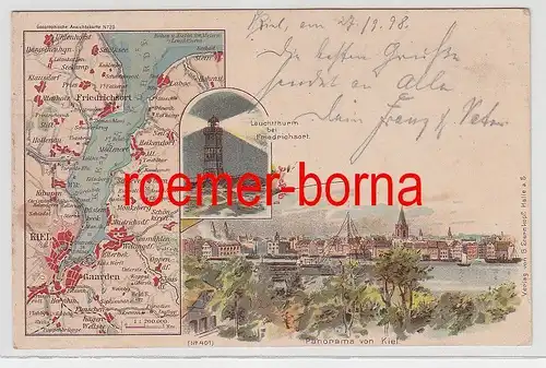 76408 Ak Panorama von Kiel, Leuchtthurm bei Friedrichsort und Landkarte 1898
