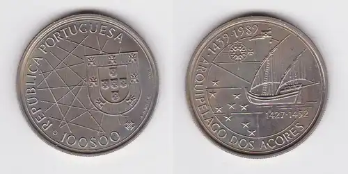 100 Escudos Münze Portugal Karavelle, Kompassrose, neun Sterne 1989 (104887)
