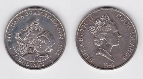 5 Dollar Kupfer Nickel Münze Cook Inseln Kolumbus mit Segelschiff 1991 (112436)